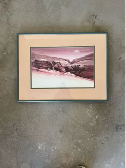 “Western Passage” Vtg Michael Atkinson Southwestern print green frame metal 20” x 15” tall