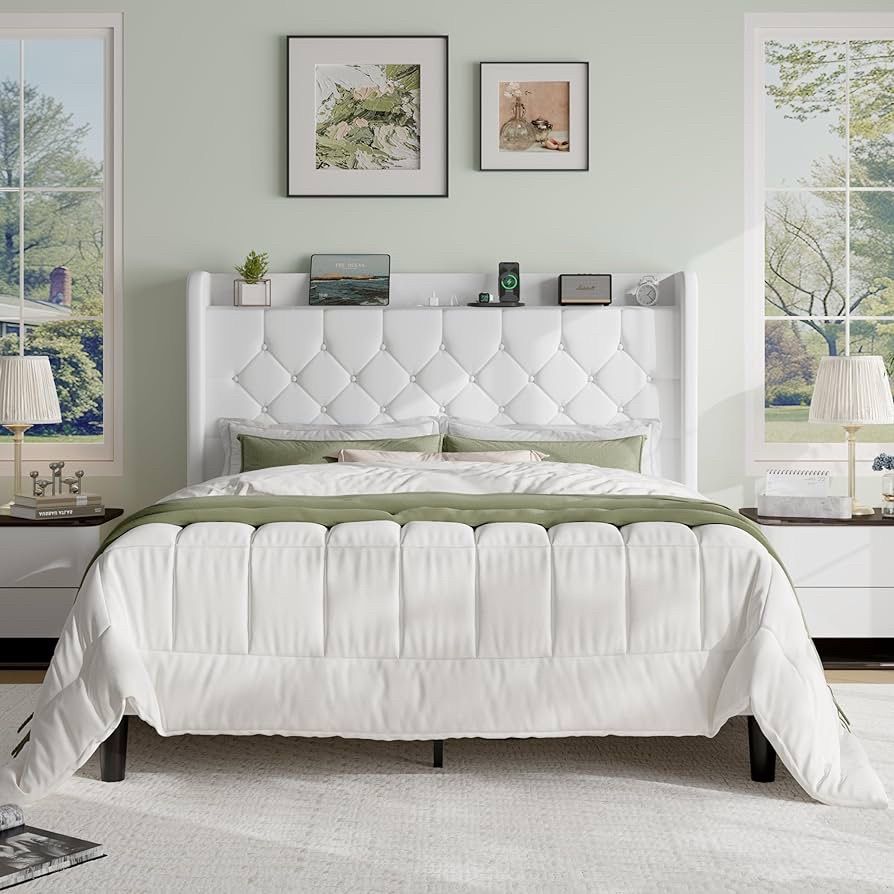 Queen Size Platform Bed Frame with Charging Station, Velvet Wingback Headboard with Storage Shelf, Wooden Slats Support, Ample Under-Bed Space, No Box