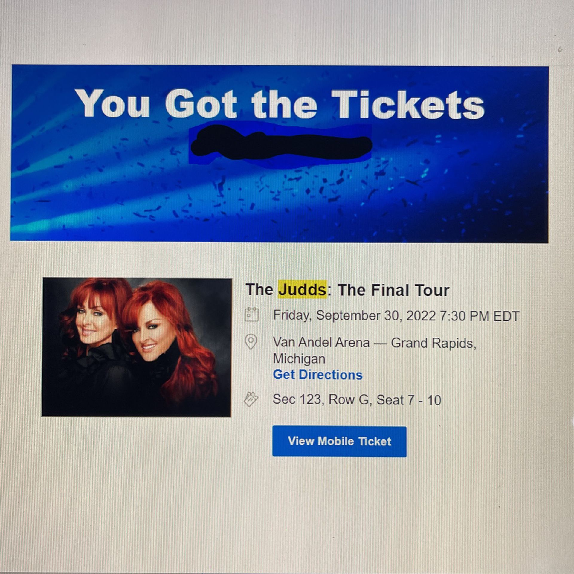 The Judds: The Final Tour - 4 Tickets Sept 30th