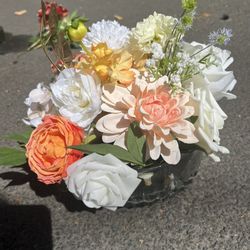 Silk Flowers, Greens And Crystal Wedding Centerpieces 