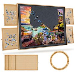 1500 Piece Rotating Jigsaw Felt Puzzle Board with 4
Drawers & Cover, 34.2" X 26" Wooden Felt Puzzle Table