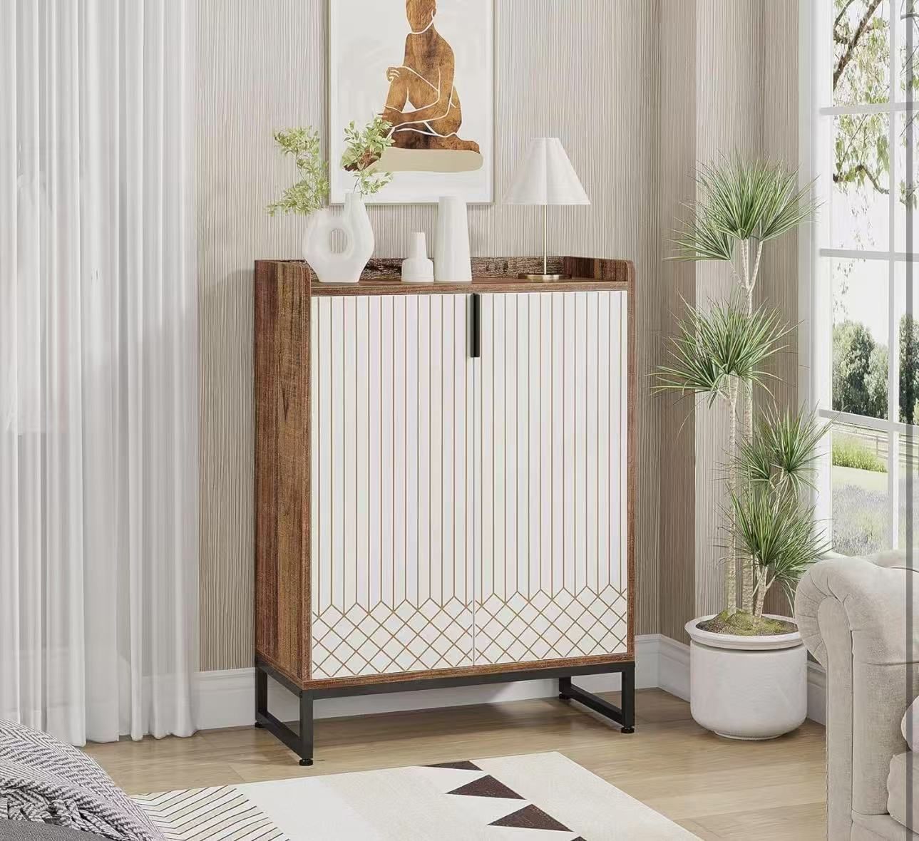 New assembled Modern Shoe Cabinet with Doors for Up to 25 Pairs, 5-Tier Wood Shoes Rack Organizer for Entryway Bedroom Hallway Living Room, Deep Walnu