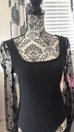 Black Ribbed Top with Sheer Star Sleeves