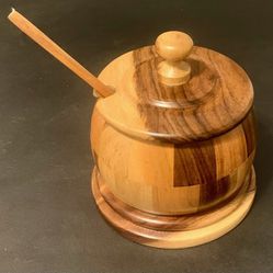 Vintage Wooden Sugar Bowl with Lid & Spoon