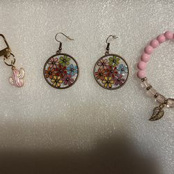 Earrings, Small Keychain, And Bracelet Jewelry Set 