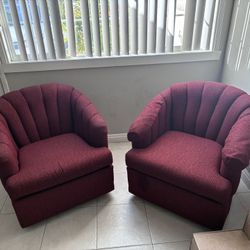2 / Pair of Matching Red Fabric Swivel Chairs With Removable Cushions