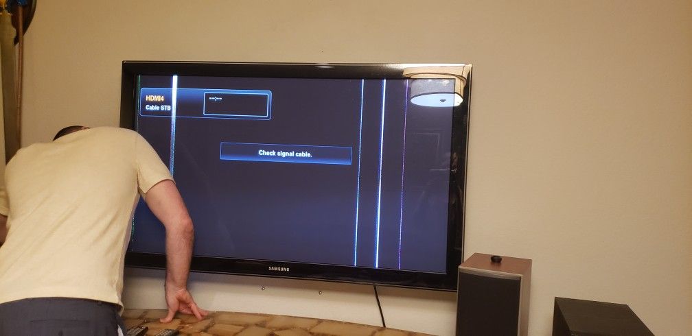 Samsung Flat-screen TV, WORKS, But HAS LINES, Glass Base And Wall Mount Included