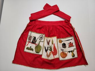 ​Vintage 1960s Red Half Apron | Metallic Gold Trim, Rooster & Kitchen Pockets