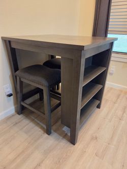 Dining Table Set with Built-In Storage Shelves & 2 Stools
