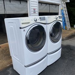 White And Chrome Whirlpool Duet Matching Washer And Dryer Set With Pedestals 30-Day Warranty