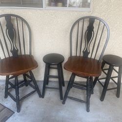 2 Wooden Swivel Stools And 2 Black Stools