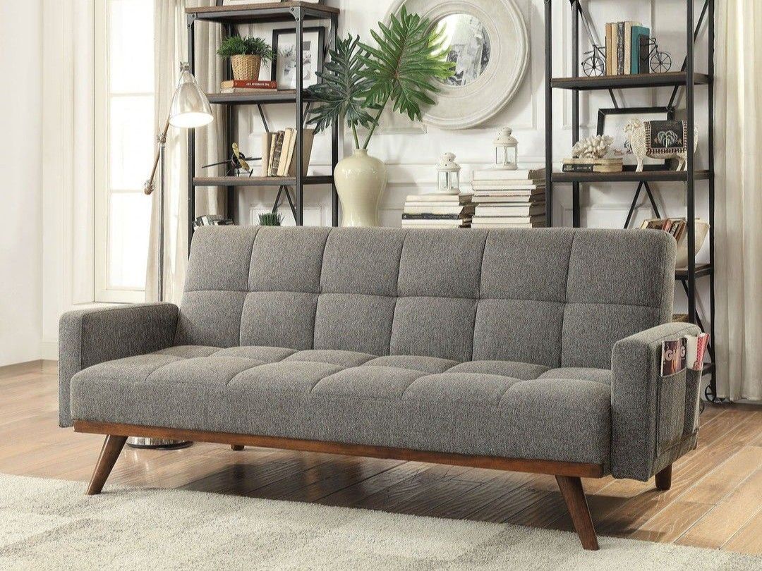 Brand New Gray Mid-Century Modern Futon Sofa Sleeper
