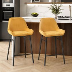 Set of 2 - Yellow Velvet Counter Height Bar Chairs w/ Black Metal Legs  [NEW] <Assembly Req>