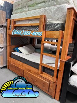 Triple twin oak bunk bed with mattresses colchones cama nueva