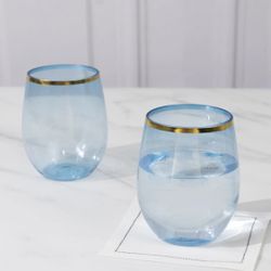 24-Pack Plastic Stemless Wine Glasses 12oz, Transparent Dusty Blue with Gold Rim - Reusable Tumblers for Events