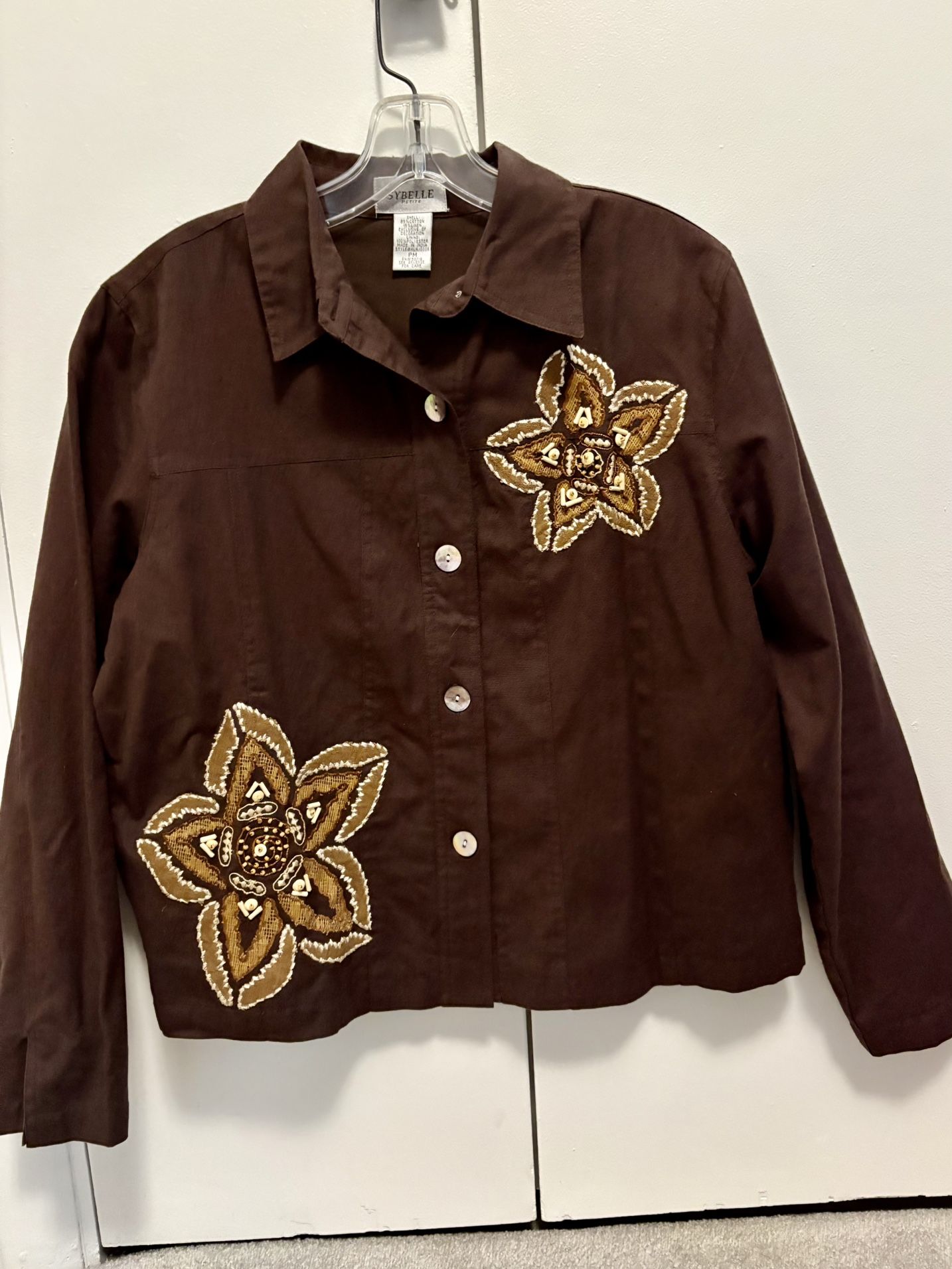 Ladies Brown Linen Jacket With Embroidered Beaded Flowers SZ PM