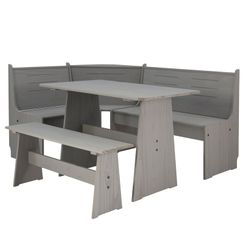 Linon Wickford 3-Piece Coastal Corner Breakfast Nook Dining Set with Storage, Grey