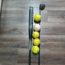 softball bat, golf driver, balls 8 balls total in photo 