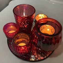 Gorgeous Dark pink iridescent candle setup using recycled/reused/2ndlife, glass candle holders & mirrored tray.