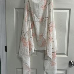 Anthropologie Do Everything in Love Cream & Pink Palm Tree Scarf - 72” x 28” GUC