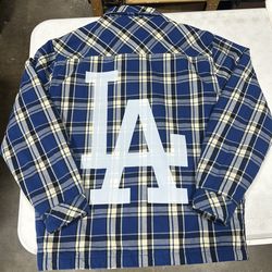LA Dodgers Flannel Quilted Fleece Button Up Jacket Size L