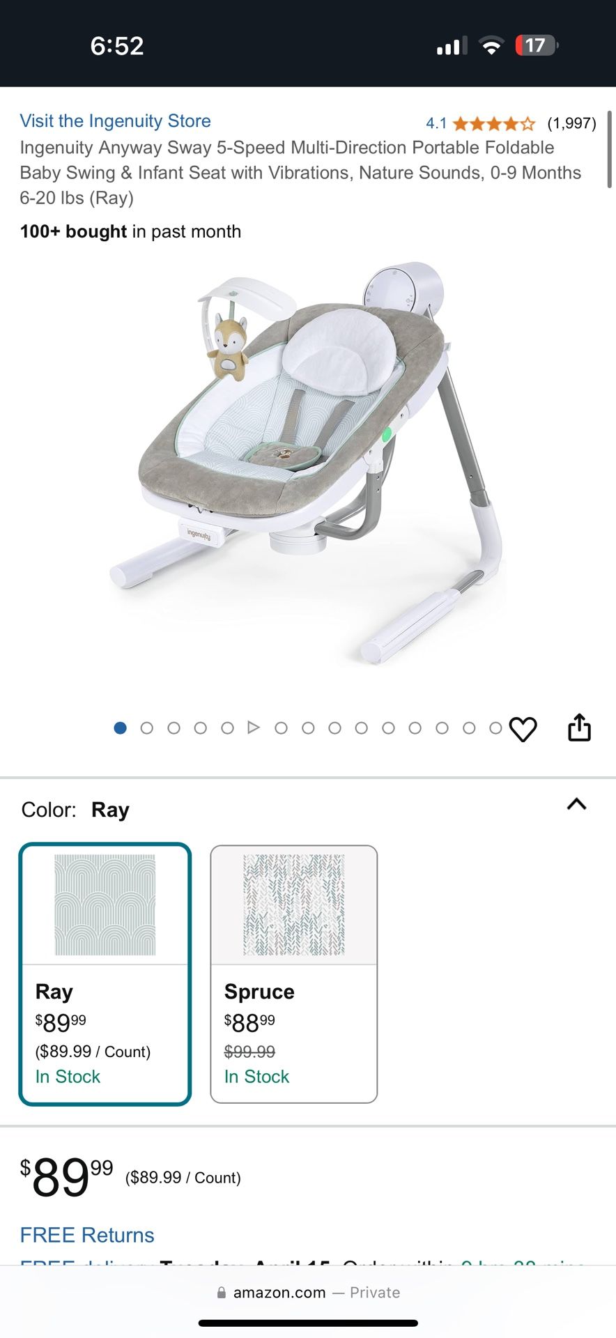 Ingenuity Foldable Baby Swing