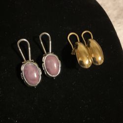 2 Pairs Of Earrings,1 Goldtone Pierced And 1 Silver Clip On Earrings With Purple Stones(LC)