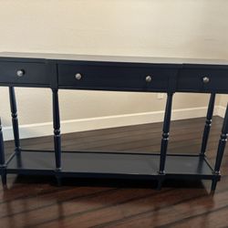Blue console / entryway table with 3 drawers and bottom shelf.