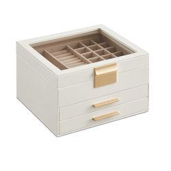 SONGMICS Jewelry Box Organizer with Glass Lid 3-Layer Storage w/ 2 Drawer - Cloud White / Gold