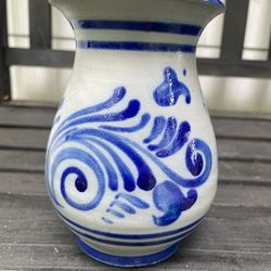 Vintage German Salt Glazed Pottery Vase Stoneware Cobalt Blue 6” Tall