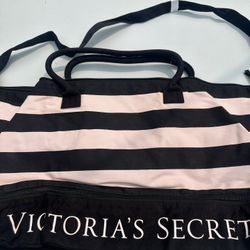 Victoria's Secret Expandable Weekender Tote Bag Pink/Black Stripe Shoulder Strap