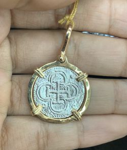 Atocha silver coin pendant in 14k gold bezel