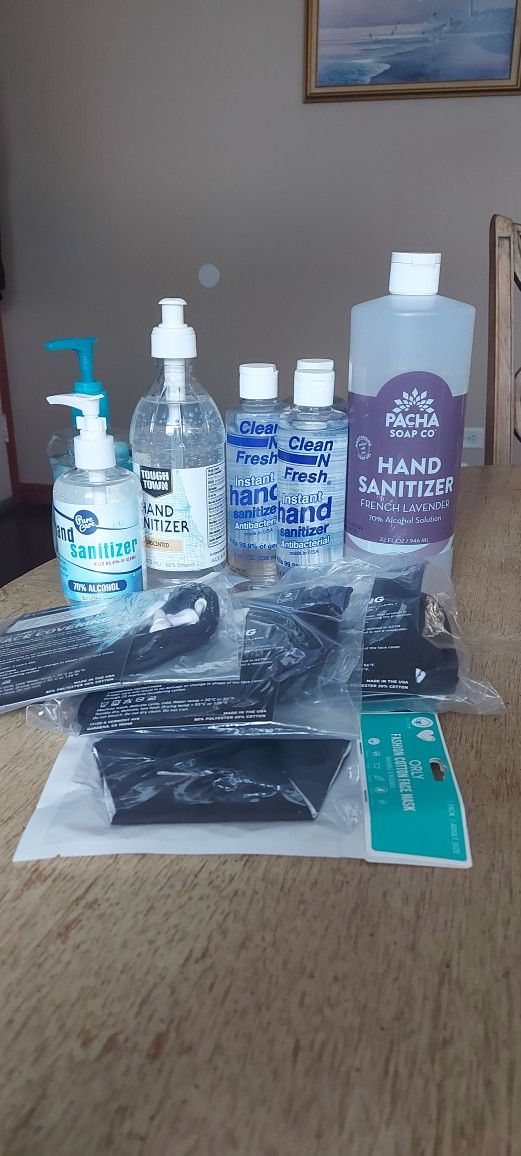 Hand Sanitizers Assortment UNOPENED And 7 Face masks NEW Unopened