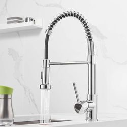 Spring Kitchen Sink Faucet Commercial Single Handle Single Lever Kitchen Faucet with Pull Down Sprayer, Polished Chrome Kitchen Faucets
