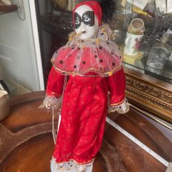 Vintage Clown Harlequin French Porcelain Doll On Stand 