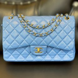 Chanel 21P Blue Caviar Quilted Jumbo Large Classic Double Flap bag & tag