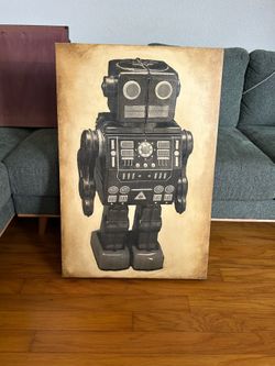 Vintage Toy Robot Wood Frame Screenprint Wall Art
