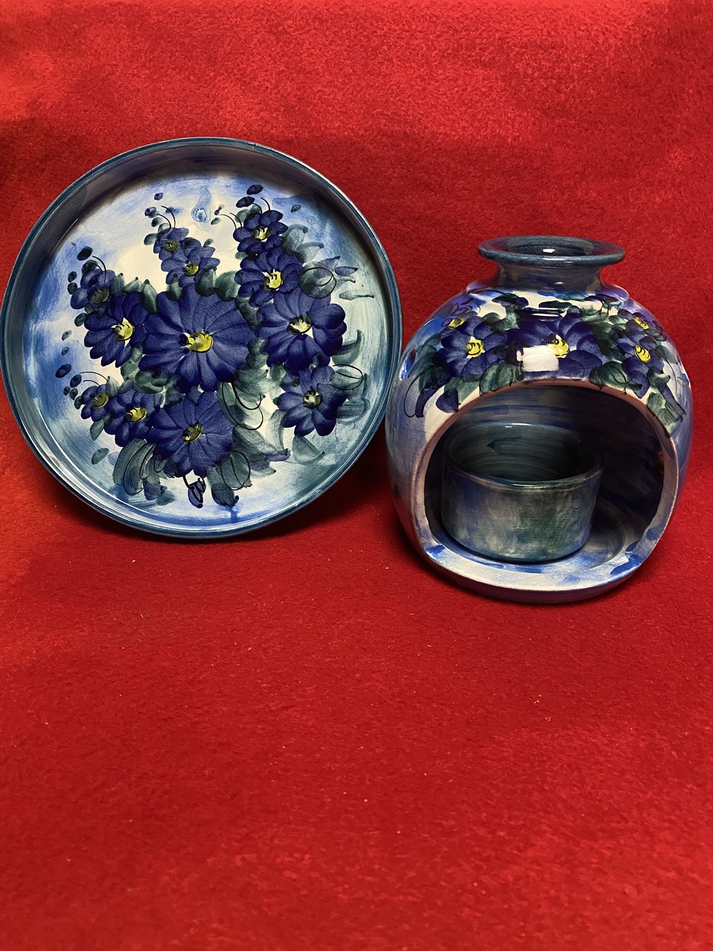 5.5 Inch Handmade Hand Painted Blue Ceramic Greek Candle Holder & 7 Inch HM HP Blue Ceramic Greek Plate Imported From Greece