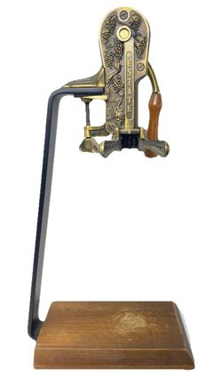Vtg Rogar Estate Antique Brass Table Top Wine Bottle Opener Wood Stand Corkscrew