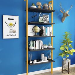 5-Tier Book Shelf Rack against the Wall, Tall Ladder Shelf Wooden Bookcase Metal