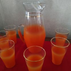Frosted Orange Glass Pitcher With Glasses. 
