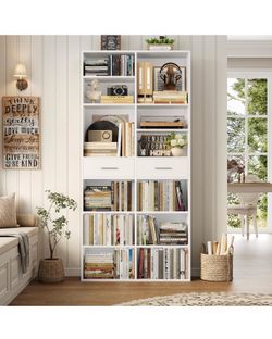 White Tall Bookshelf Storage Cabinet w Drawers 73" H