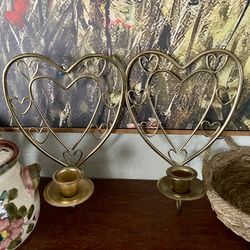 Vintage Brass Heart Wall Candle Sconces – Set of 2 – Romantic Cottage Decor