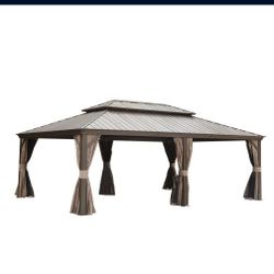 14x22FT Hardtop Gazebo, Outdoor Gazebo with Galvanized Steel Double Roof, Aluminum Frame, Built-in Gutter System, Curtain and Netting, Metal Gazebo Pa