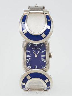 Gucci 925 Sterling Silver Quartz Horsebit Watch Blue Lapis Dial Rare!