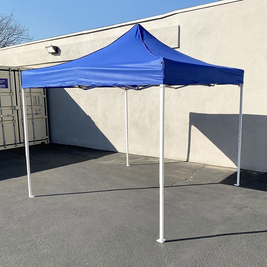(NEW) $100 Heavy-Duty 10x10 ft Popup Canopy Tent Instant Shade w/ Carry Bag Rope Stake, White/Blue 