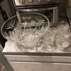 Vintage Glass Punch Bowl Set With 10 CUPS