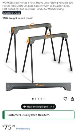 WORKESS Saw Horses 2 Pack, Heavy Duty Folding Portable Saw Horses Table 2200 Lbs Load Capacity with 2x4 Support Legs, Fast Open Legs and Easy Grip Han