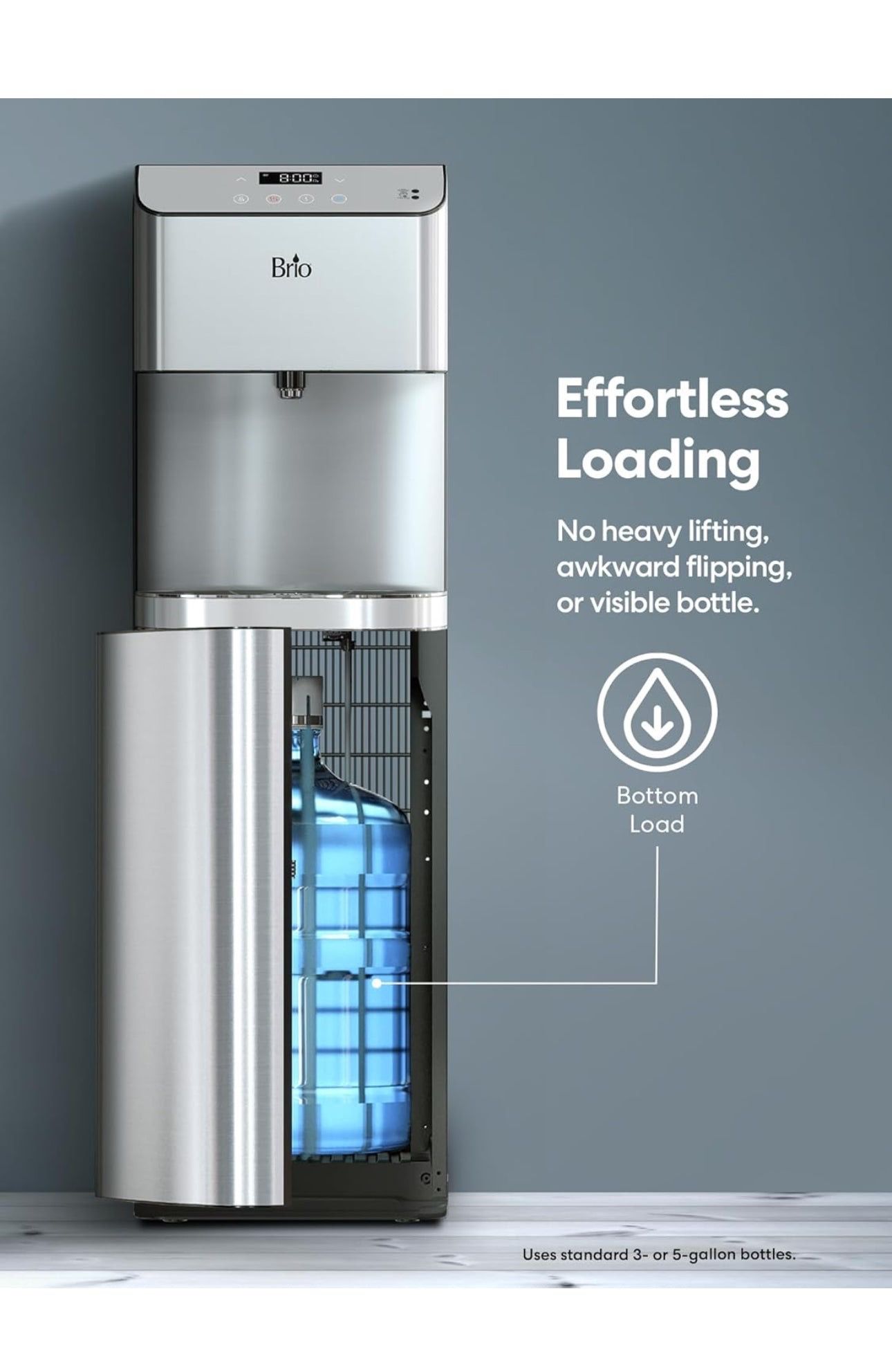 (Signs of use) Brio Tool Moderna Water Dispenser – Bottom Load, Stainless Steel, Hot/Cold/Room, LED Display