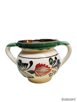 Vintage Hand-Painted Folk Art Pottery – Double-Handled Floral Jar